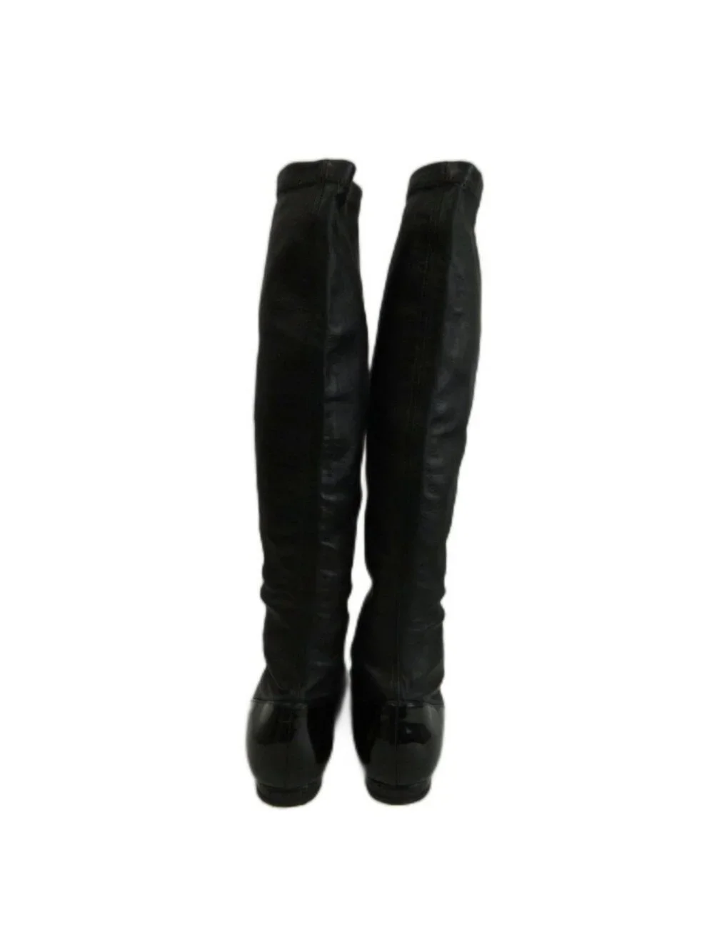 Chanel Long Boots Leather Patent Paneled Round Toe Flat CC Logo